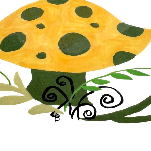 Vtg Hand Painted Ceramic 1972 Plates Mushroom Daisy Flower Yellow Polka Dot - Picture 4 of 8